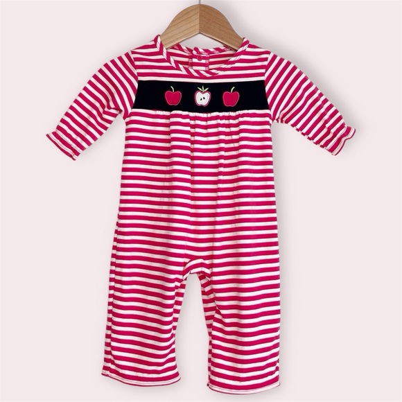NWT Florence Eiseman longall pink stripe playsuit w/ embroidered apples 3 months - Picture 1 of 12